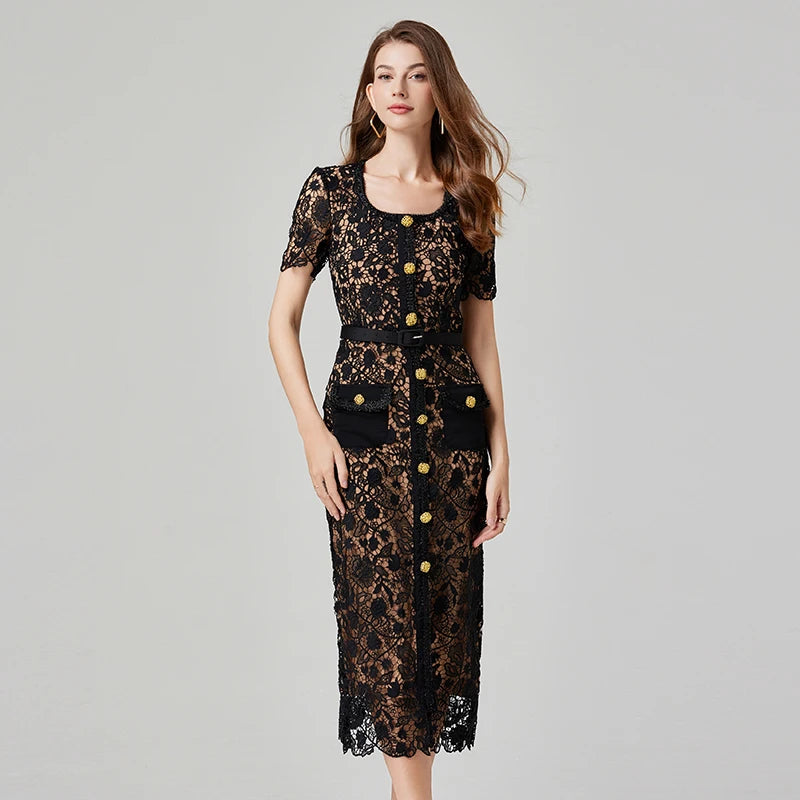 Sheath Bodycon Flower Embroidery Lace Prom Dress – Women's Summer/Fall Short Sleeve Midi Evening Dress