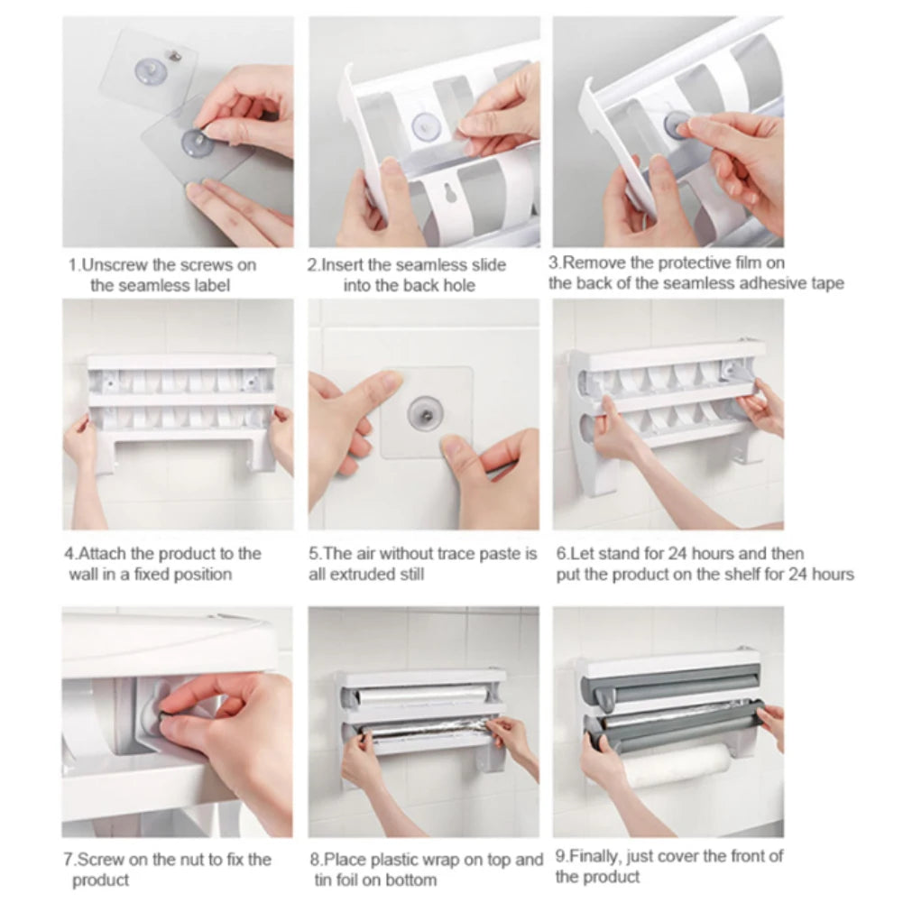 ABS Material Wall Mounted Kitchen Cling Film Dispenser with Cutter, Cling Film Aluminum Foil Roll Holder Paper Towel Holder Grey