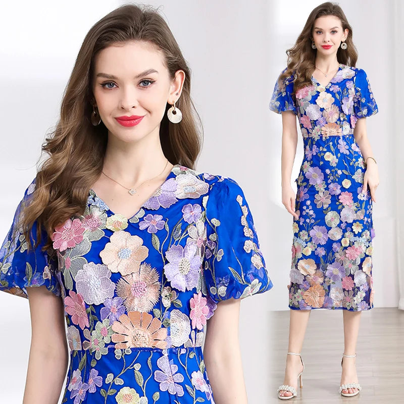 Summer High-end Embroidery Lace Prom Dress Women French Luxury 3D Flower Short Sleeve Long Dress Party Bodycon Holiday Vestido