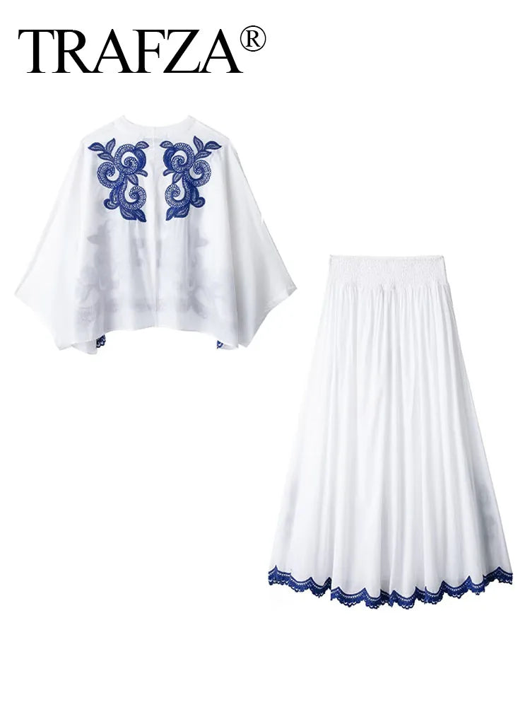 TRAFZA 2024 Women Skirt Set Blue Embroidery Three Quarter Bat Sleeve Shirt +Folds A Line Long Skirt Casual Loose Beach Holiday