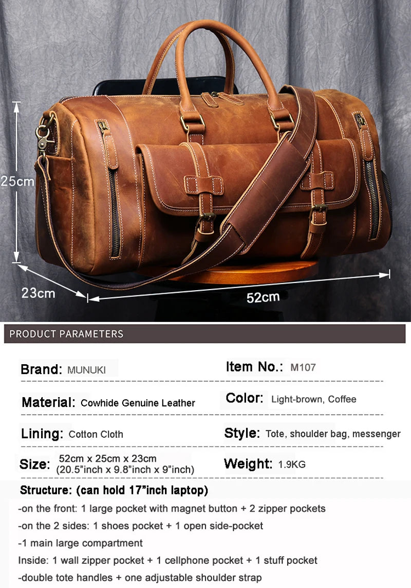 MUNUKI Vintage Crazy Horse Genuine Leather Travel bag Large Luggage bag men Leather duffle bag Large Weekend Bag Tote Big