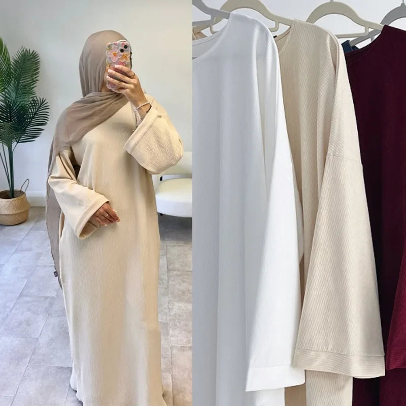 Warm Arabic Corduroy Abaya Dress for Women Ramadan Dubai Women Modest Muslim Coat Winter Islam Clothing New Turkey Solid Robe