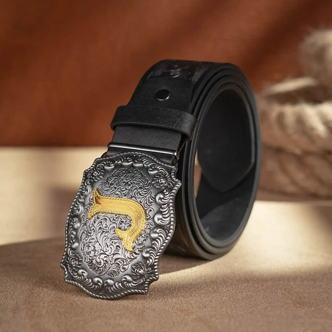 Western Cowboy PU Leather Belt - Men Waist Strap Bull Decoration Floral Engraved for Jeans