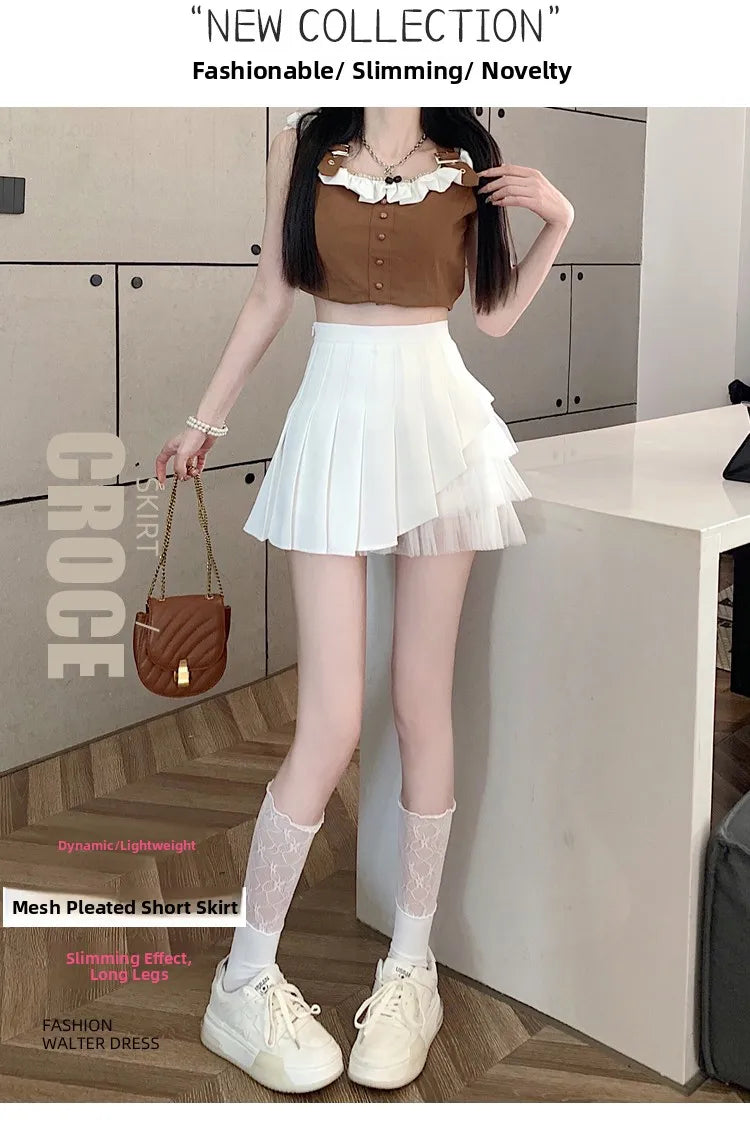 Slimming A-Line Skirt for ort Women High Waist Pleated Commuter Sle Net Gauze f Body Skirts Fem Faion