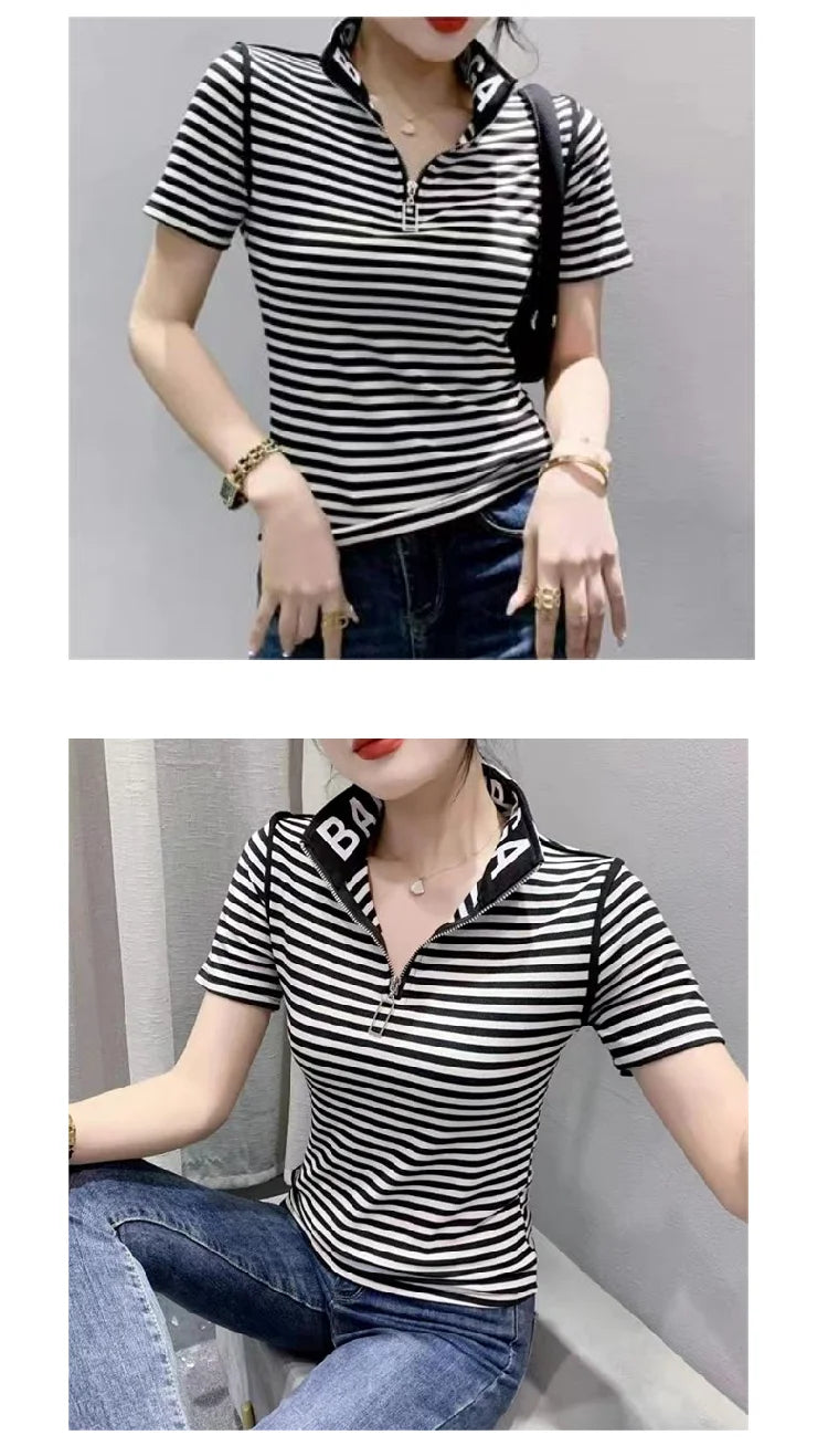 ort Sve T-irt Women's Summer New Faion irt Zipper Collar Mom's Clothes Anti-Aging Base Layer Top Polyester Fiber
