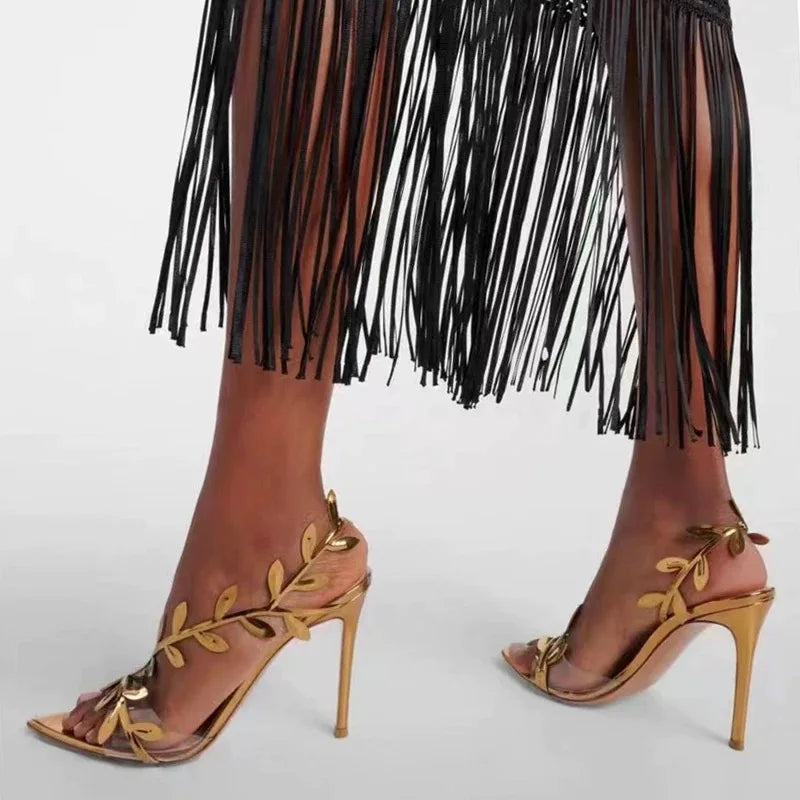 Gold High Heels Women 2025 Summer New Metal Patent Leather Leaf Thin Heel Pointed Open Toe Purple Sandals