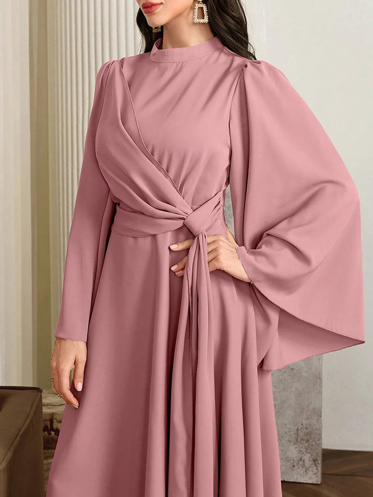 Rafiah Women's Dress 2025 Elegant Casual Arabic Style Dress with Waist Tie for Daily Simple Wear Long Evening Dress