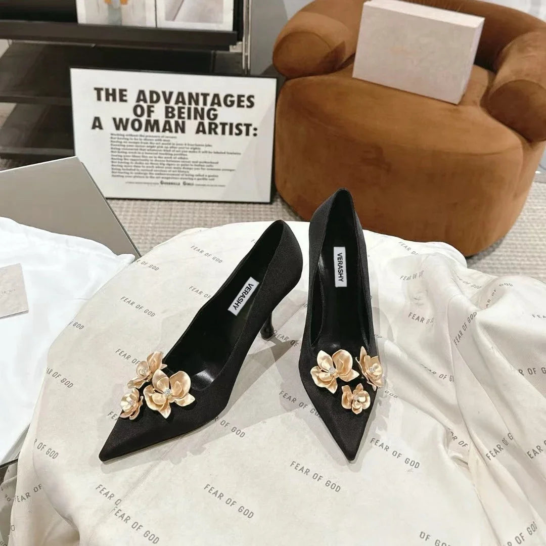 Satin Designer Women Pumps 2025 Sexy Pointed Toe Gold Flower Decoration Thin High Heels Fashion Banquet Dress Mules Shoes