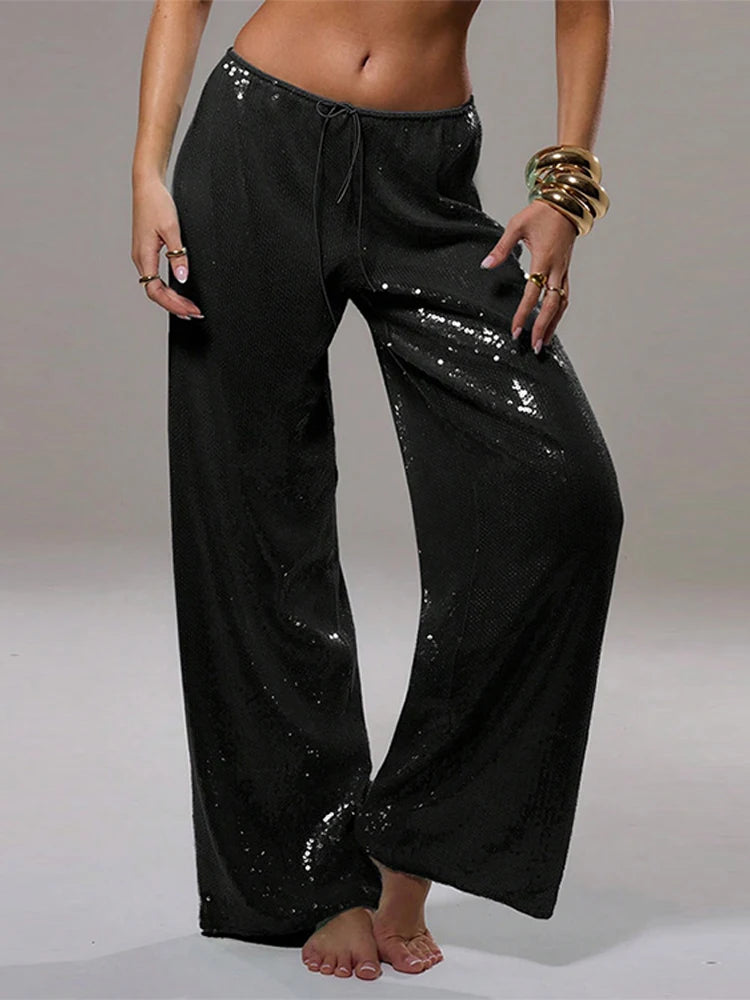 Loose Solid Color Sequin Pants Woman Cinched Waist Glitter Straight Baggy Long Pants Casual Street Chic Sparkle Women's Trousers