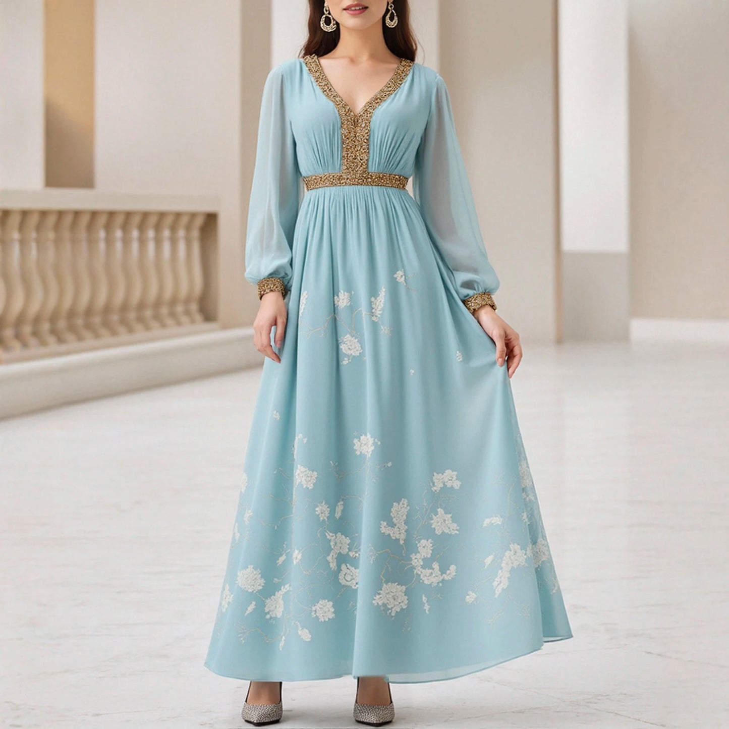 Rafiah Autumn Arabian Long Dress 2025 Modest Fashion Floral Patchwork Long Sleeve V-Neck Midi Shift Dresses For Women