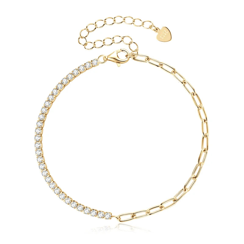 Lnngy 2mm Moissanite Bracelet Korean Ins 925 Sterling Silver Paper Clip Chain Adjustable Bracelets For Women Simple Hand Jewerly