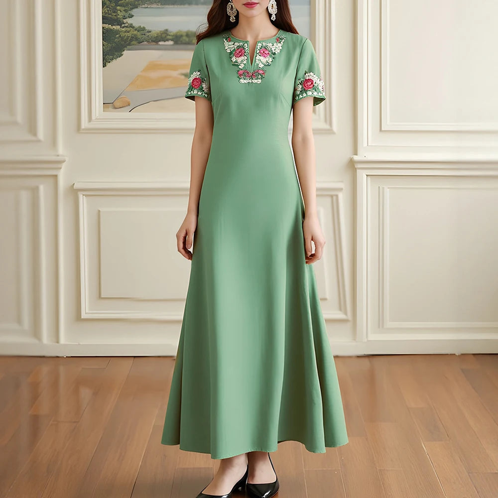 Rafiah Women's Summer 2025 Dress Solid Color V-Neck Floral Embroidered Fitted Silhouette Elegant Detailing Long Dress