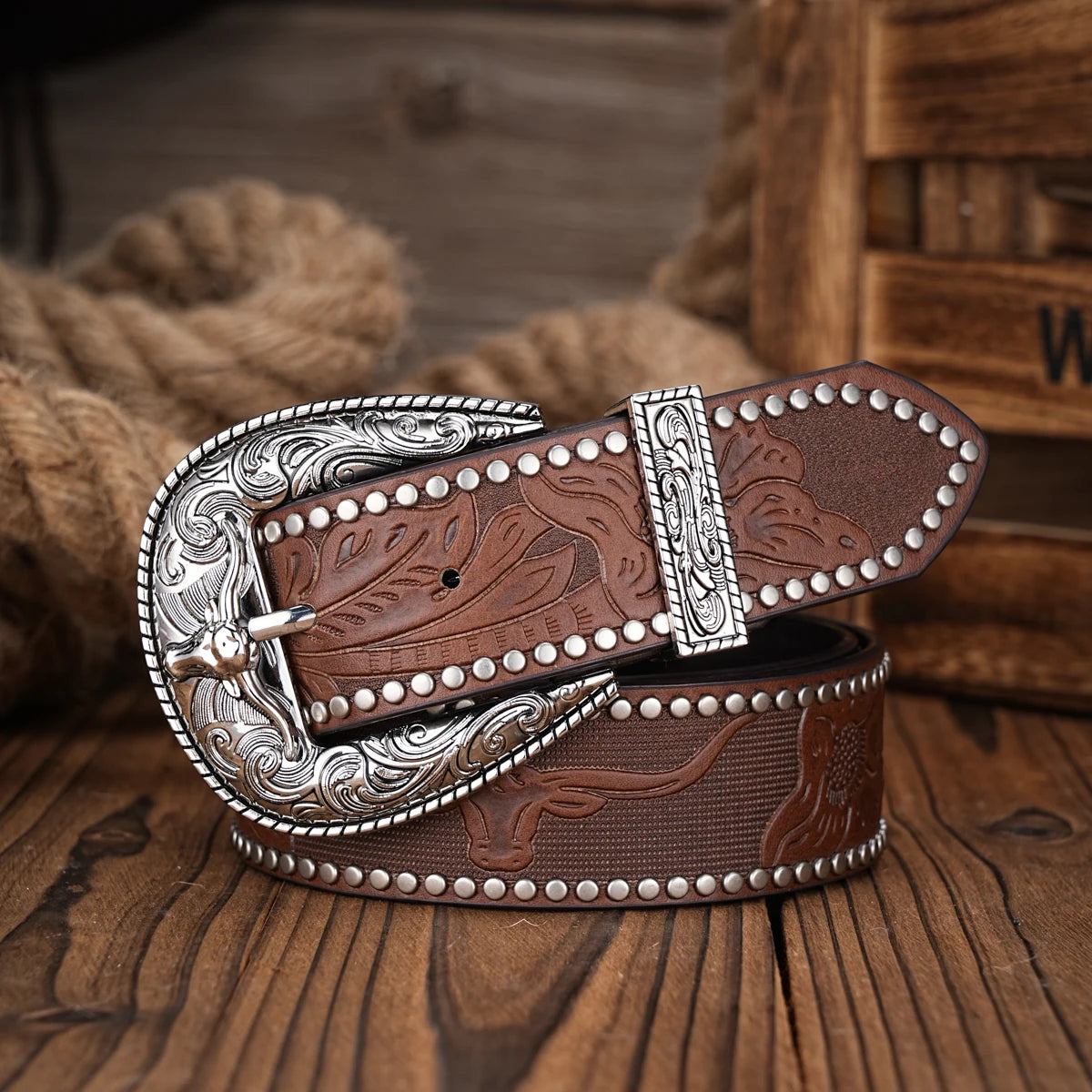 Men Women-Western-Cowboy-PU Leather-Belts - Vintage Belt Floral Engraved Buckle Belt for Jeans