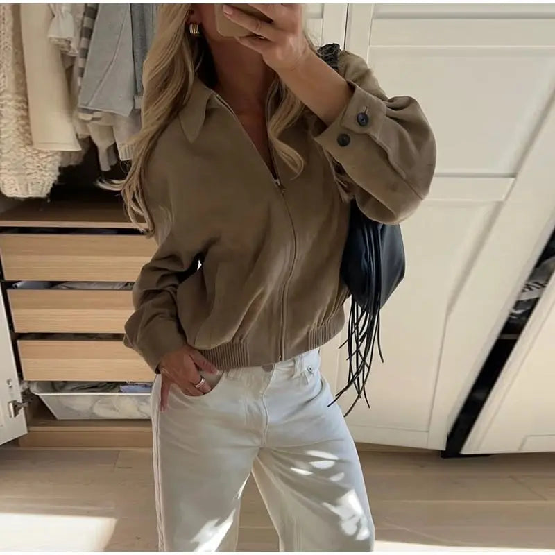 Street Women's Suede Bomber Jacket Fashion Lapel Zipper Full Sleeve Female Coats 2025 Spring Lady Casual Commute Vintage Outwear