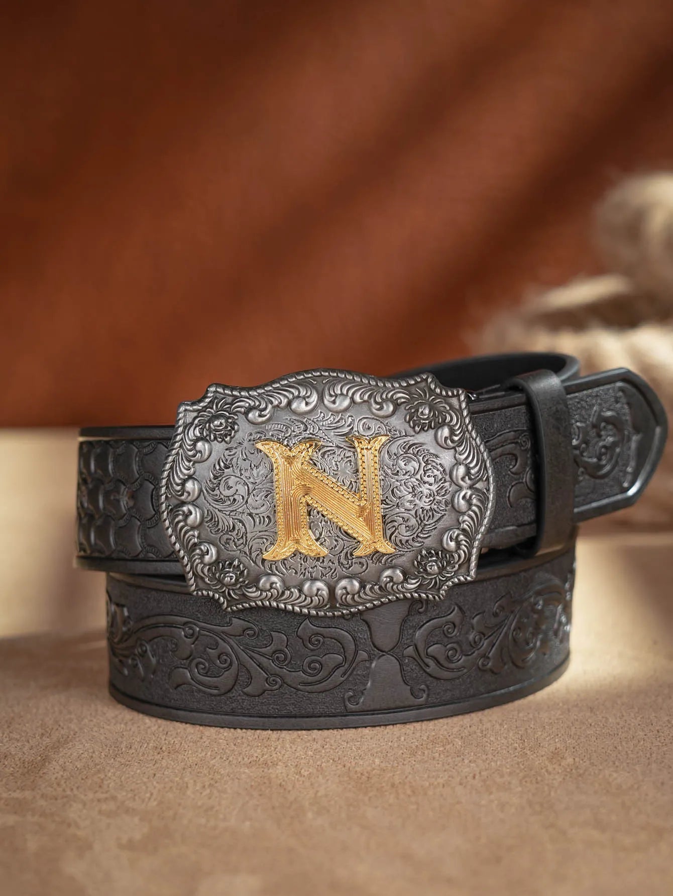 Western Cowboy PU Leather Belt - Men Waist Strap Bull Decoration Floral Engraved for Jeans