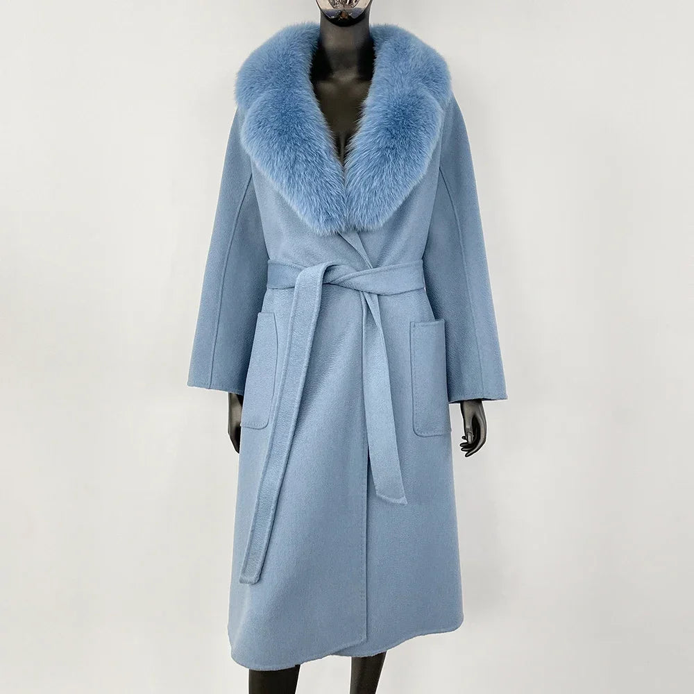 GENHUA 2025 New Casual Fur Coat for Ladies Winter Wool Long Fur Ladies Natural Real Fox Fur Collar Jacket for Ladies Warm Coat