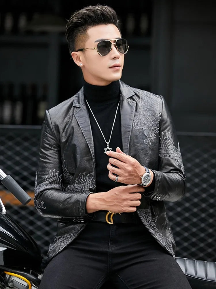 Business Men Fashion Eagle Embroidery Blazer Jacket Slim Fit Work Suit Coat Spring Autumn Natural Cowhide Genuine Leather Jacket
