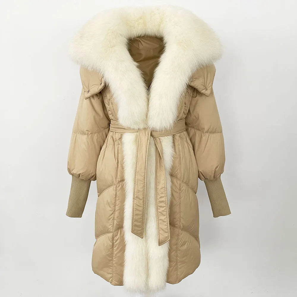 2025 Autumn Winter Women Coat Real Natural Fox Fur Long Down Jacket Thick Warm Casual Hooded White Duck Down Elegant Overwears