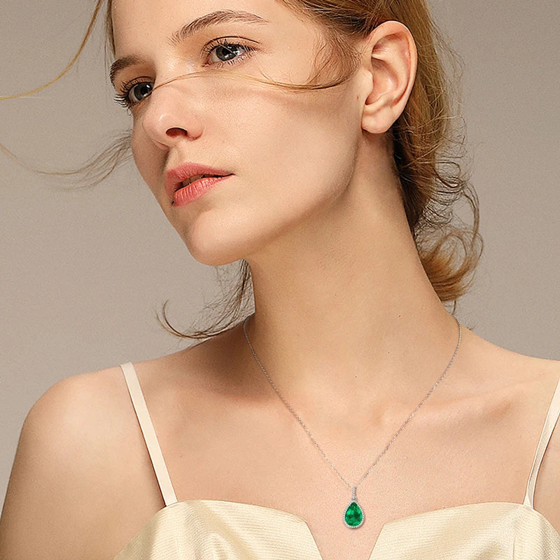 Lnngy Collar Plata 925 Sterling Silver Necklace Pear/Oval/Round Cut Artificial Emerald Pendant Necklaces for Wedding Jewlery