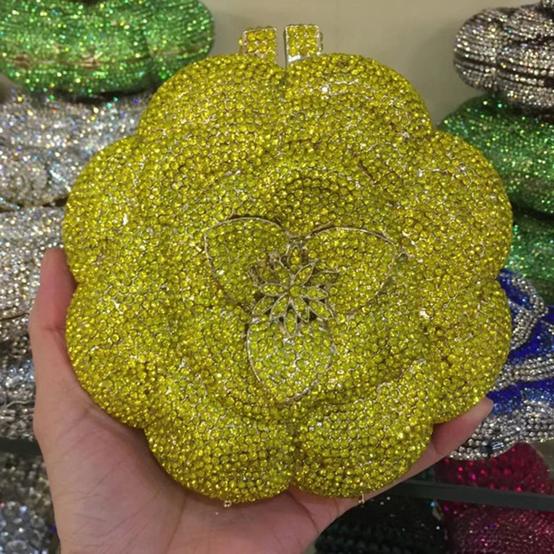 Rose Flower Pink/Green Rhinestones Evening Clutches Women Floral Yellow Crystal Evening Bags Bridal Wedding Party Clutch Purse