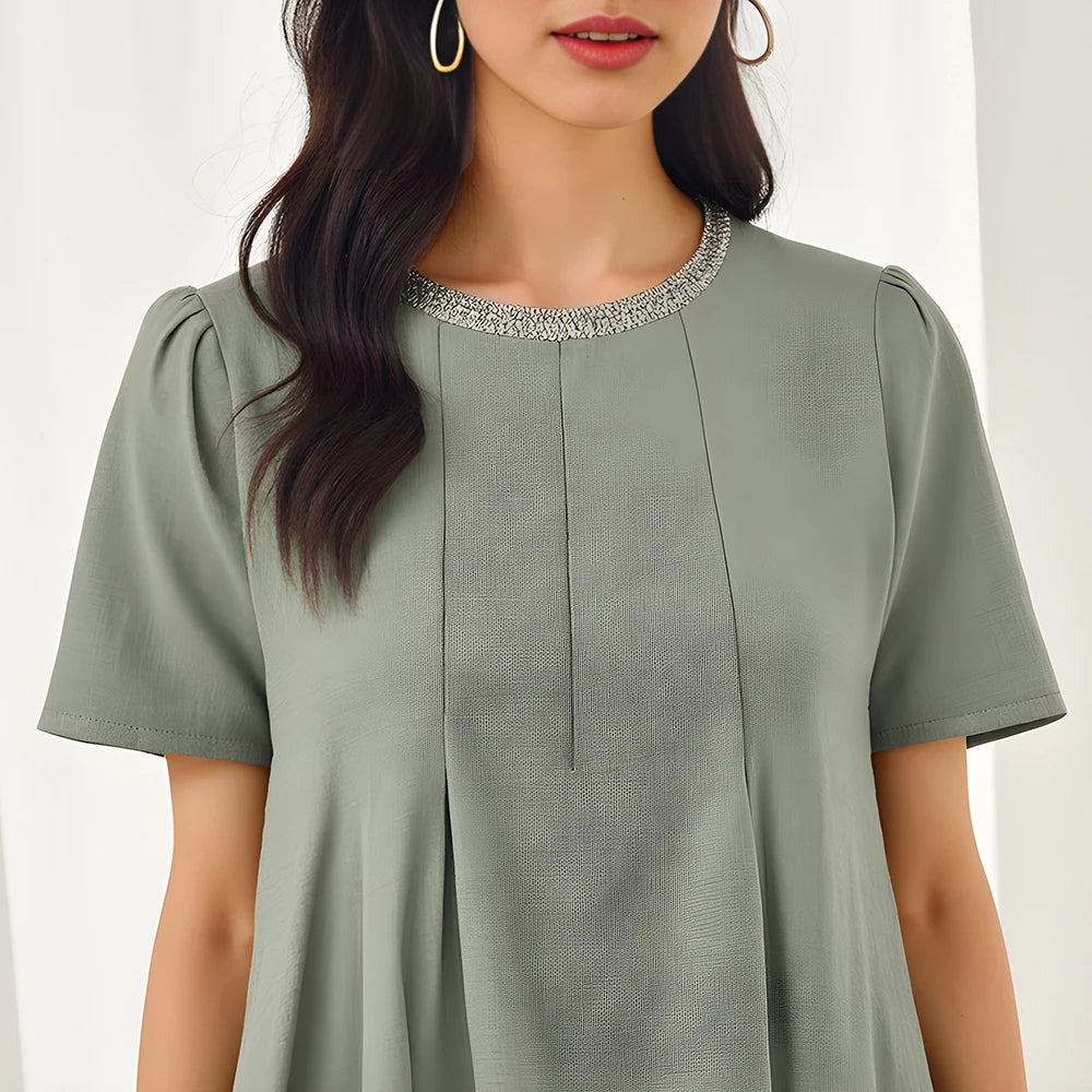 Rafiah Women's Dresses Summer Comfortable Elegant 2025 Plain Minimalism Short Sleeve Round Neck A-Line Midi Vacation Dresses