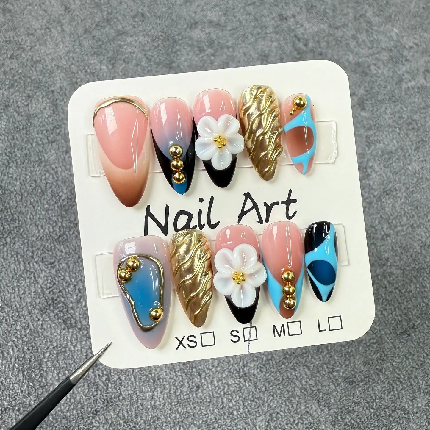 Handmade Short Press on Nails with Charms 3D Rhinestone Almond Reusable False Nails with Design Acrylic Fake Nail for Girls
