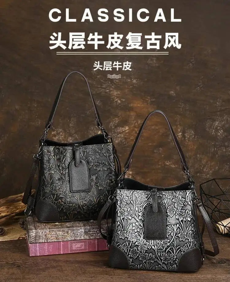 MOTAORA Retro Embossed Genuine Leather Women Shoulder Bucket Bag Luxury Cowhide Handbag Female New Large Capacity Crossbody Bags