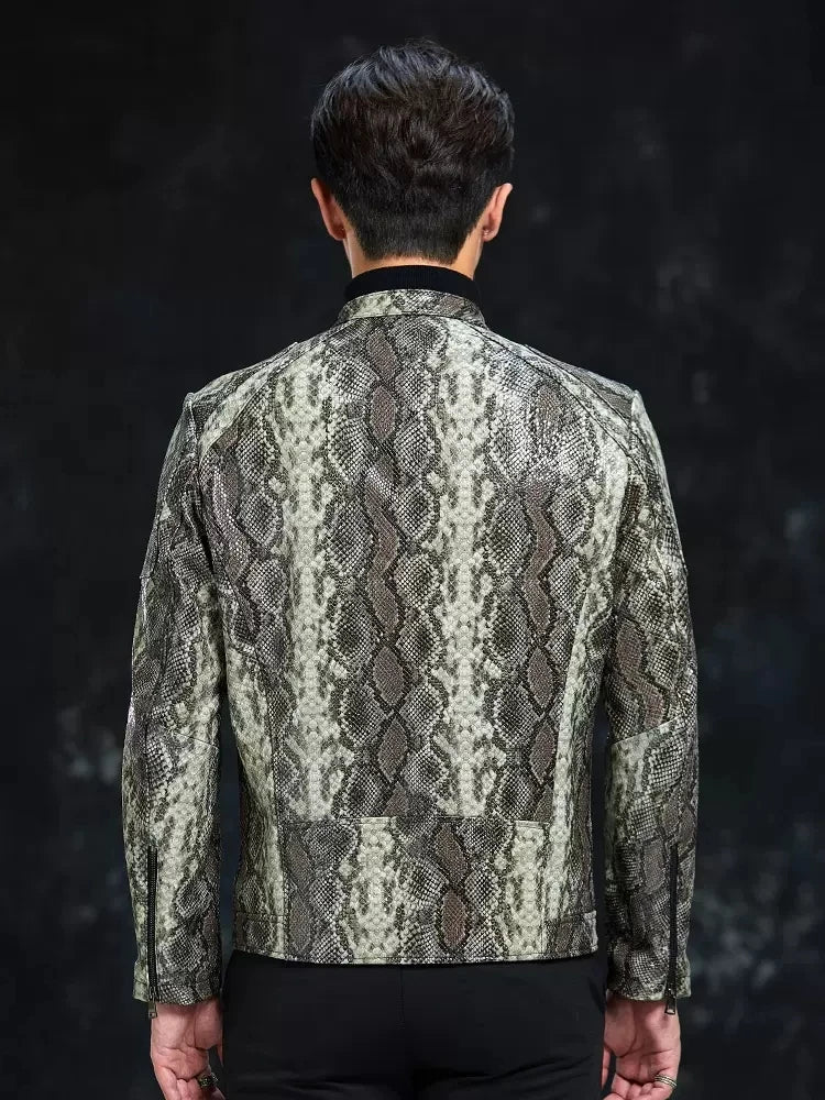 Men’s Python Pattern Sheepskin Leather Jacket – Slim Fit Stand Collar Moto Biker Coat