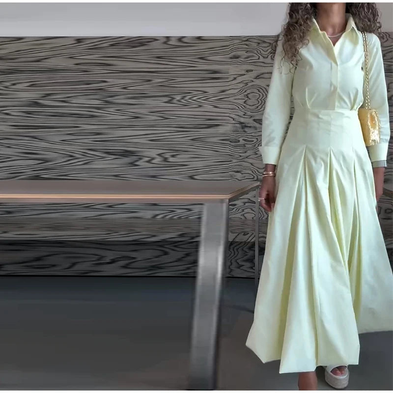 Elegant Lapel Waist-Cinched Pleated Shirt Dress – Women’s Half Sleeve Floor-Length Summer Style