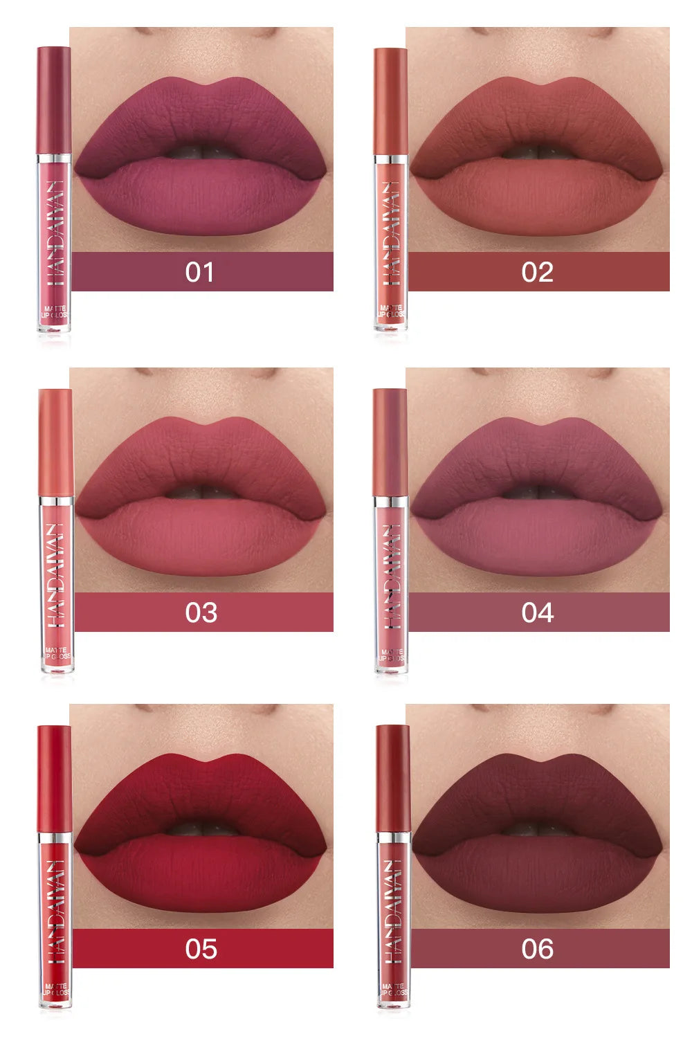 HANDAIYAN 6 Shade Lipstick Set Matte Finish Liquid Lip Gloss Waterproof Long Lasting No Smudge Vegan Beauty