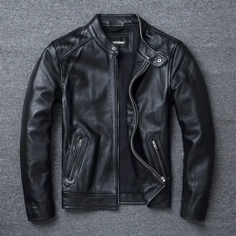 Top Layer Cowhide Slim Fit Stand Collar Motorcycle Suit Men's Leather Jacket Soft Cowhide Large Size Jacket Fashion