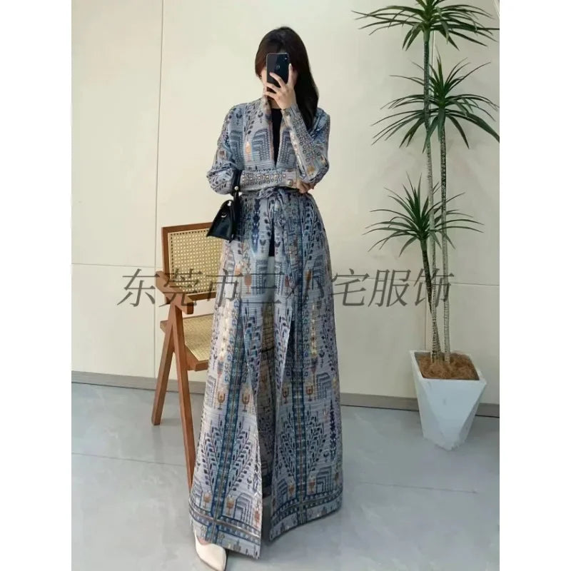 KAF Pleated Large Size Women Trench Coat 2024 Spring and Autumn New Vintage Printed Design Luxury Female Coat Arabian Abaya