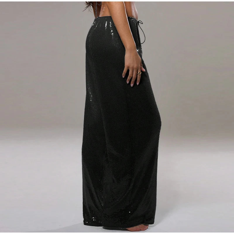 Loose Solid Color Sequin Pants Woman Cinched Waist Glitter Straight Baggy Long Pants Casual Street Chic Sparkle Women's Trousers