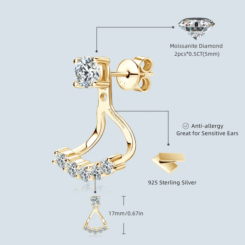 Lnngy 5mm 0.5ct Round Cut Moissanite Earring for Women 925 Sterling Silver Stud Earrings Front And Back Ear Jacket Jewelry Gift
