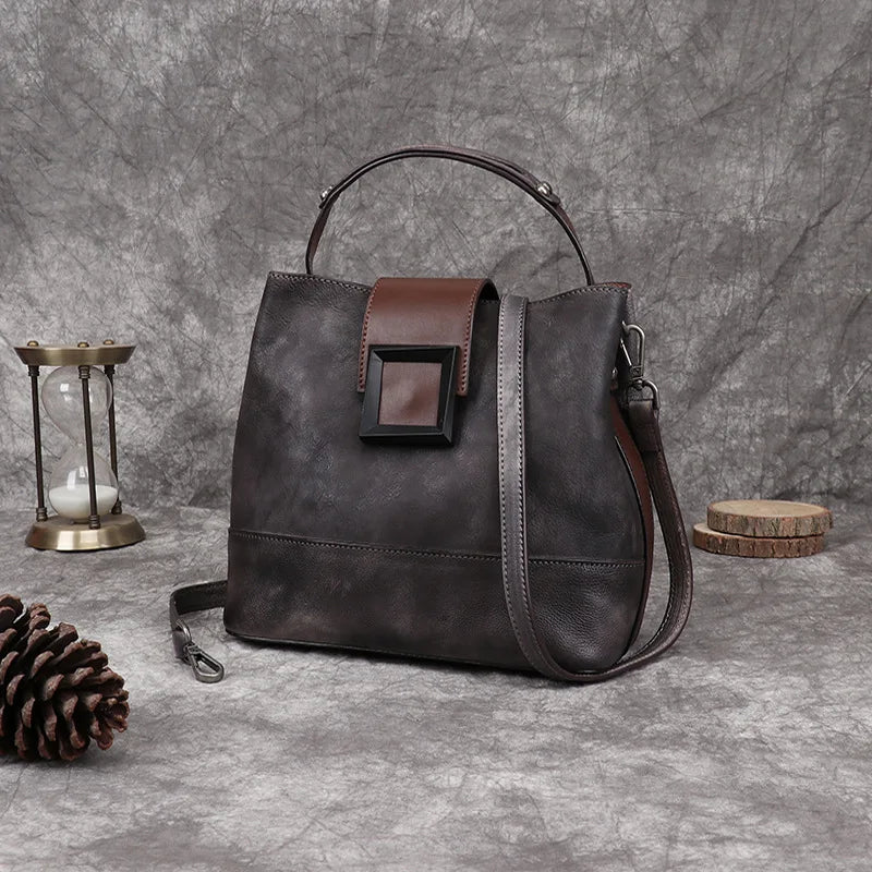 MOTAORA Women's Vintage Bucket Bag Genuine Top-Grain Leather Handmade Purse Luxury Designer Casual Office Travel Shoulder Bag