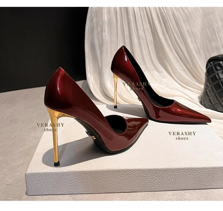 Green Shoes Quality Woman Pumps Patent Leather High Heels Sexy Party Shoes Metal Stilettos Luxury Wine red High-heeled Shoes