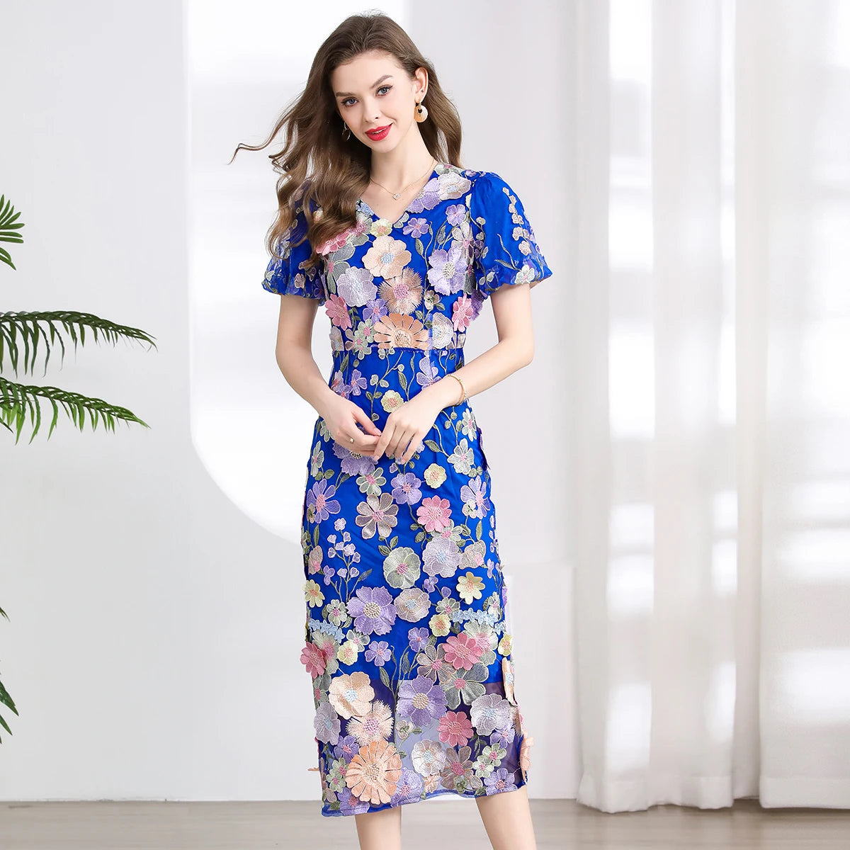 Summer High-end Embroidery Lace Prom Dress Women French Luxury 3D Flower Short Sleeve Long Dress Party Bodycon Holiday Vestido