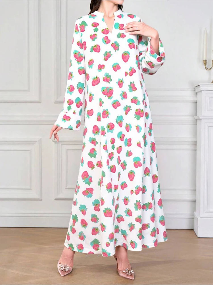 Rafiah Women's Arabian Dress Even Dress 2025 Summer Edgy Sweet Strawberry Print Long Sleeve V-Neck Loose Fit Long Dress