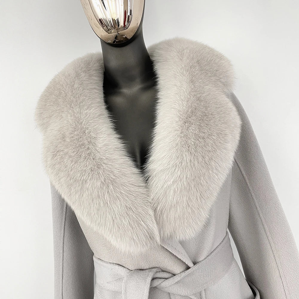 GENHUA 2025 New Casual Fur Coat for Ladies Winter Wool Long Fur Ladies Natural Real Fox Fur Collar Jacket for Ladies Warm Coat