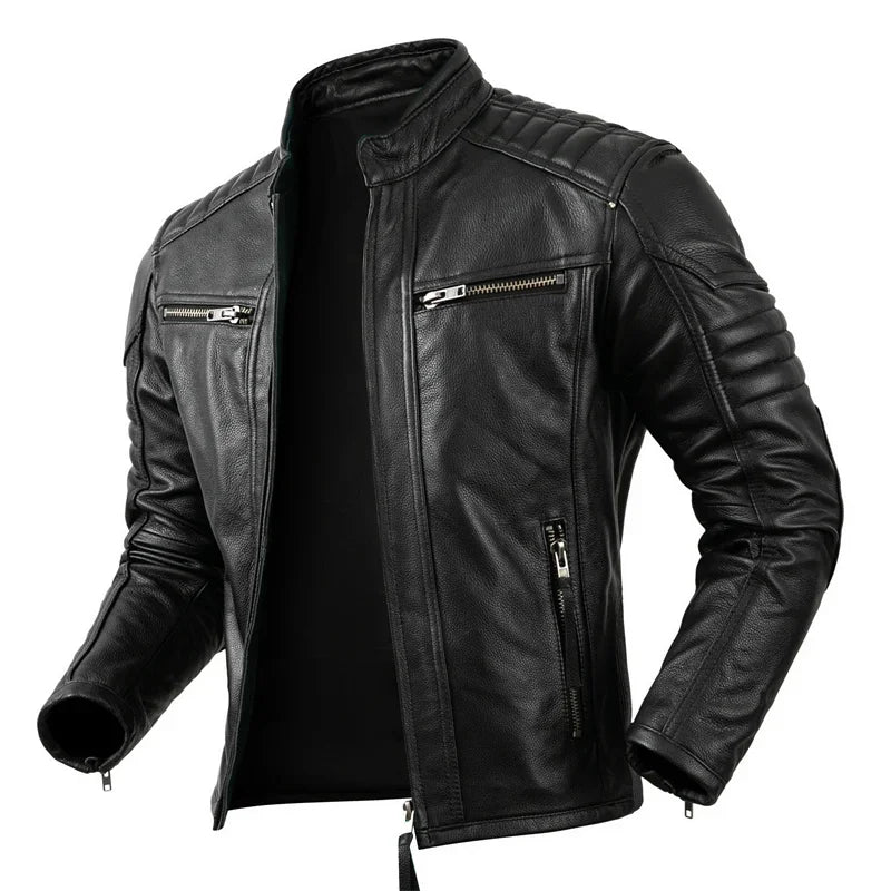 Men's Natural Leather Jacket First Layer Calfskin Stand Collar Motorcycle Jacket Retro Brown Cowhide Jacket Men‘s Biker Clothes