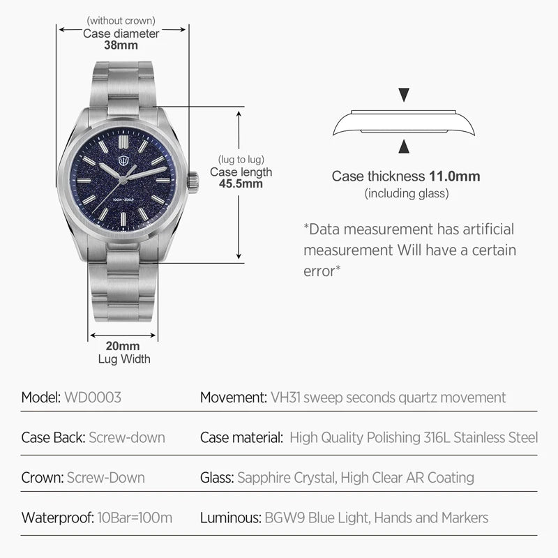 Watchdives WD0003B Original Design Aventurine Dial Men Watch VH31 Sweep Seconds Quartz Movement 36mm Watches Luminous Waterproof