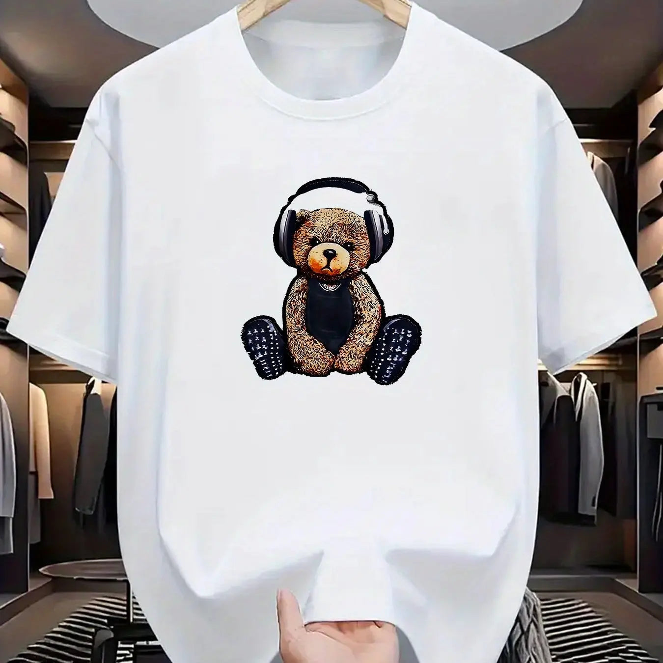 Men's Summer 100% Cotton Fashionable Casual Sports Loose Teddy Bear Headphones Print Round Neck Short Sleeve T-shirt Top