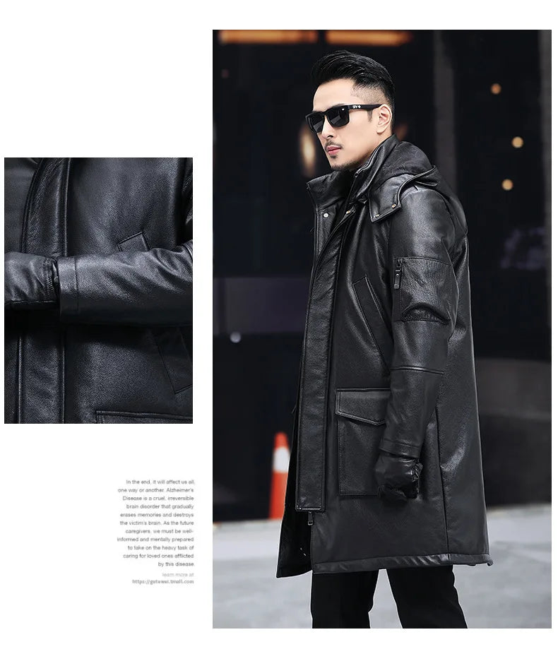 Men's Leather Down Coat, Mid Length, Hooded, Thick Warm Jacket, Large Size Outerwear, Business Male Coat, Winter