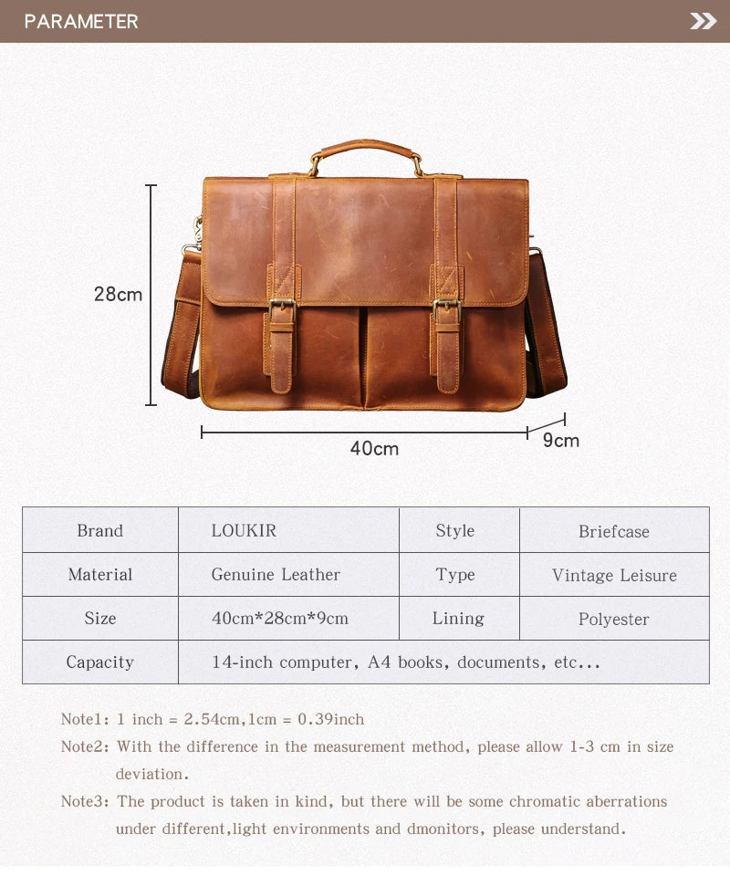 LUOKIR Vintage Crazy Horse Briefcase Travel Genuine Leather Handbag Luxury Men's Messenger Computer Shoulder Bag 14 Inch Laptop