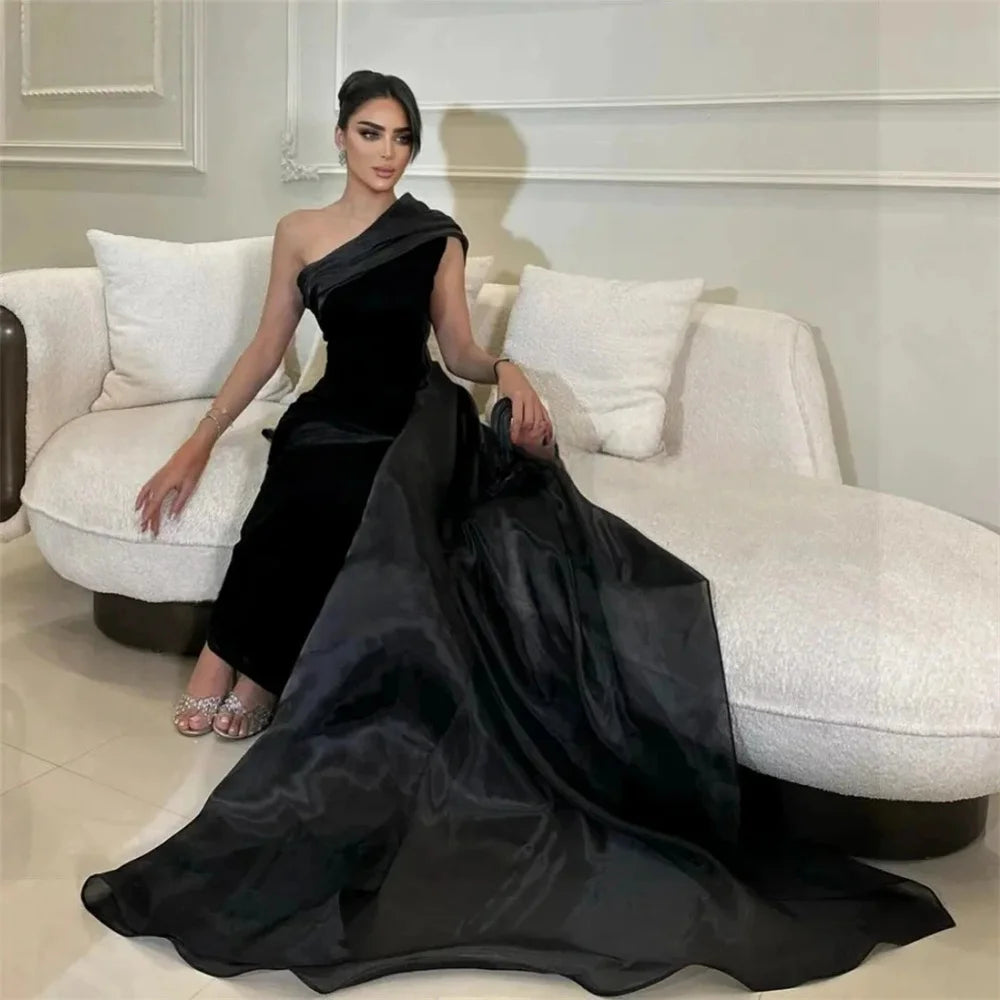 Mila فساتين سهرة سوداء بكتف واحد غمد ذيل بطول الأرض للحفلات حسب الطلب أنيقة بسحاب 2025 جديدة في الفساتين