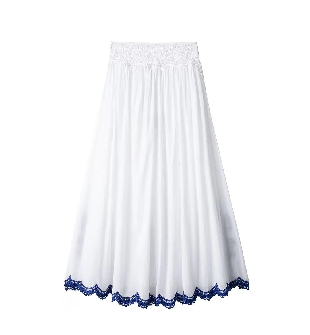 TRAFZA 2024 Women Skirt Set Blue Embroidery Three Quarter Bat Sleeve Shirt +Folds A Line Long Skirt Casual Loose Beach Holiday