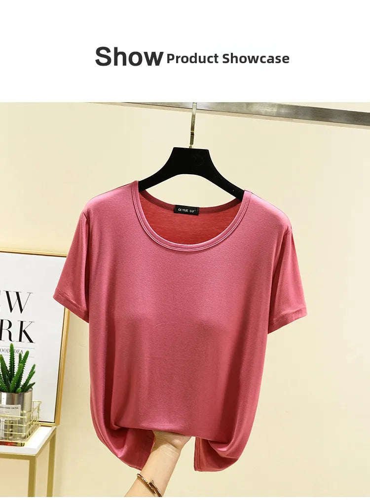 Loose Modal T-irt Women's Spring Summer round Ne ort Sve Built-In Bra Large Size Base irt Casual Sle Summer Top