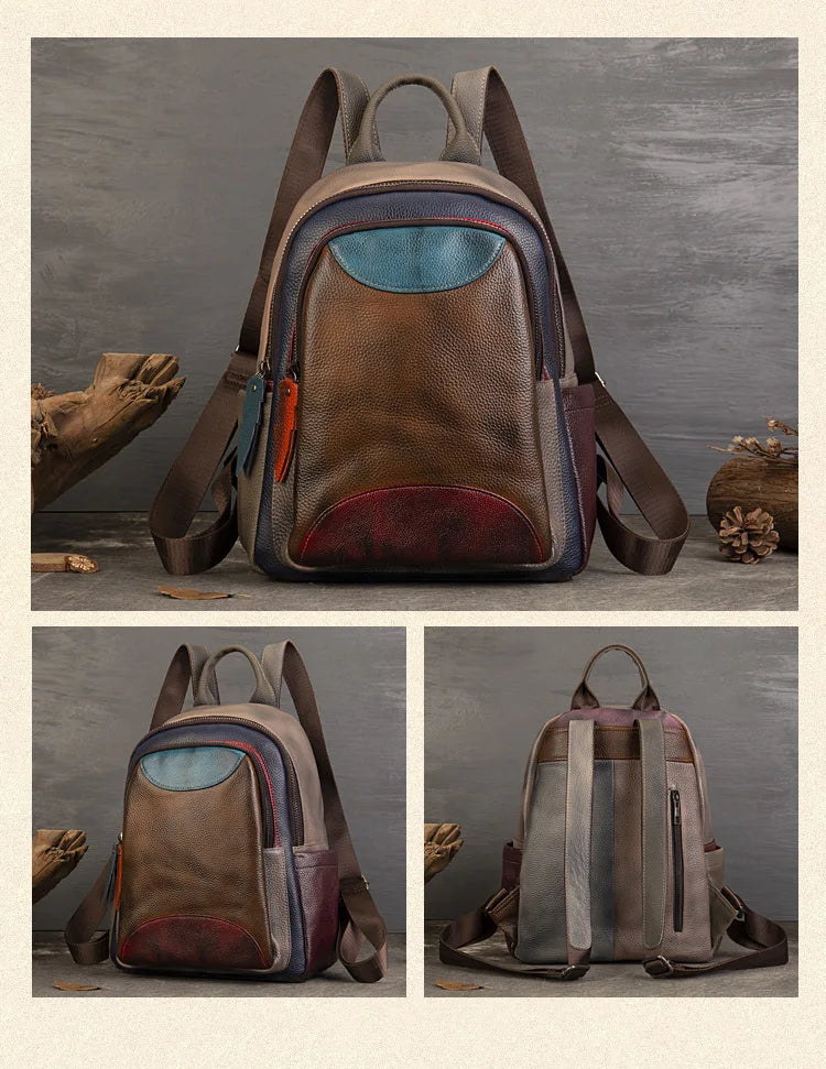 MOTAORA 2025 Soft Cowhide Leather Backpack Large Capacity Two-Tone Spliced Hand Painted College Student Travel Hiking Casual Bag