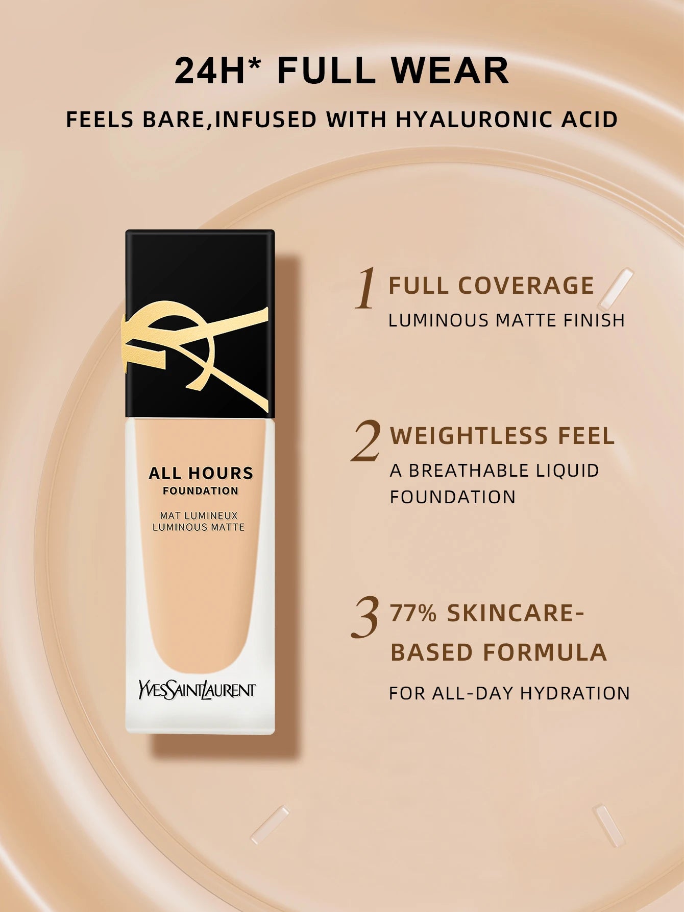 Yves Saint Laurent All Hours Foundation Full Cover Luminous Matte-All Day Long Wear SPF 20 #LC1 #LC2 #LN1 #LN4 - 0.84 fl.oz./25m