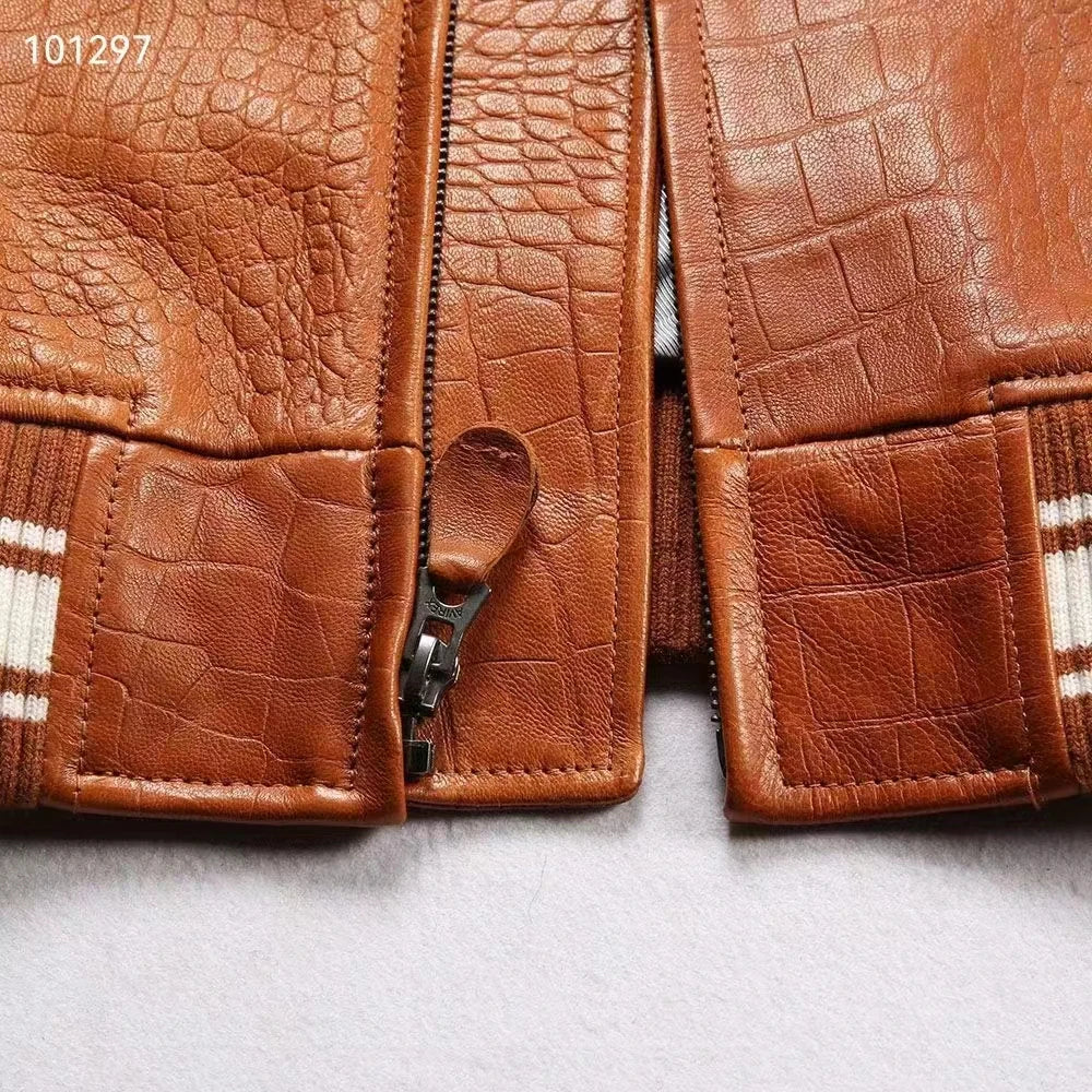 AVIREX new men's genuine leather jacket France 1.5 mm thick sheepskin embroidered crocodile pattern flight suit baseball coat